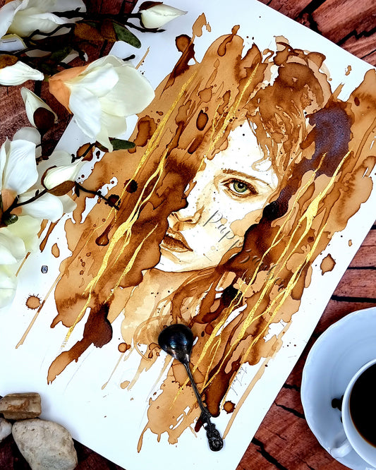 Mit Kaffee gemaltes Frauenportrait - Kunstdruck "Fighter"