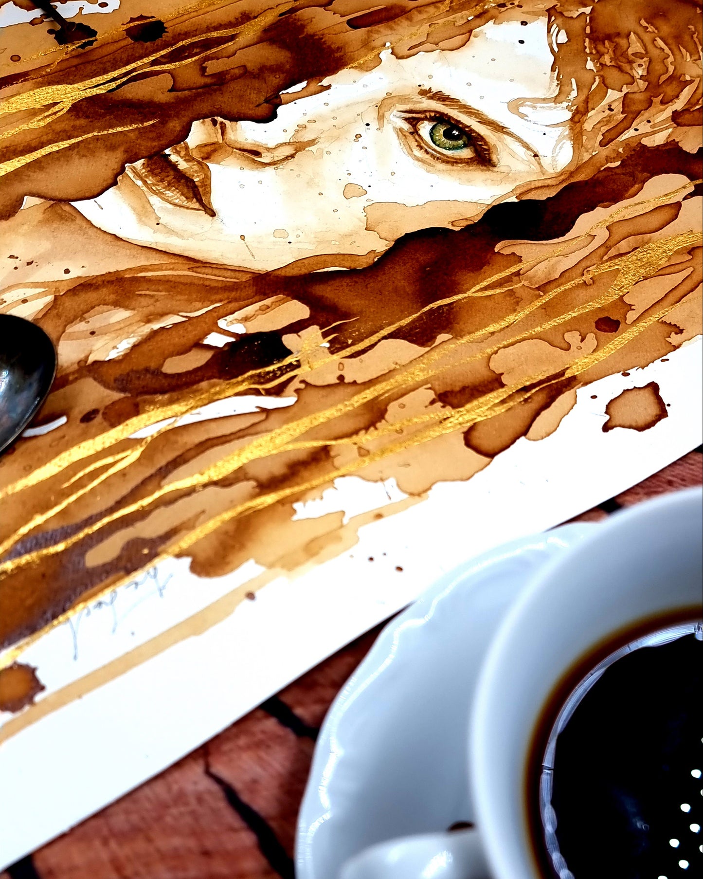 Mit Kaffee gemaltes Frauenportrait - Kunstdruck "Fighter"