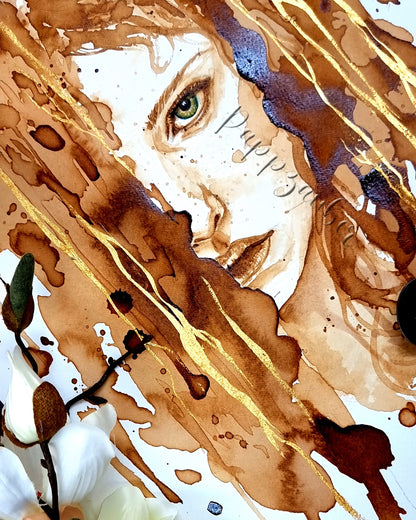 Mit Kaffee gemaltes Frauenportrait - Kunstdruck "Fighter"