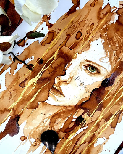 Mit Kaffee gemaltes Frauenportrait - Kunstdruck "Fighter"