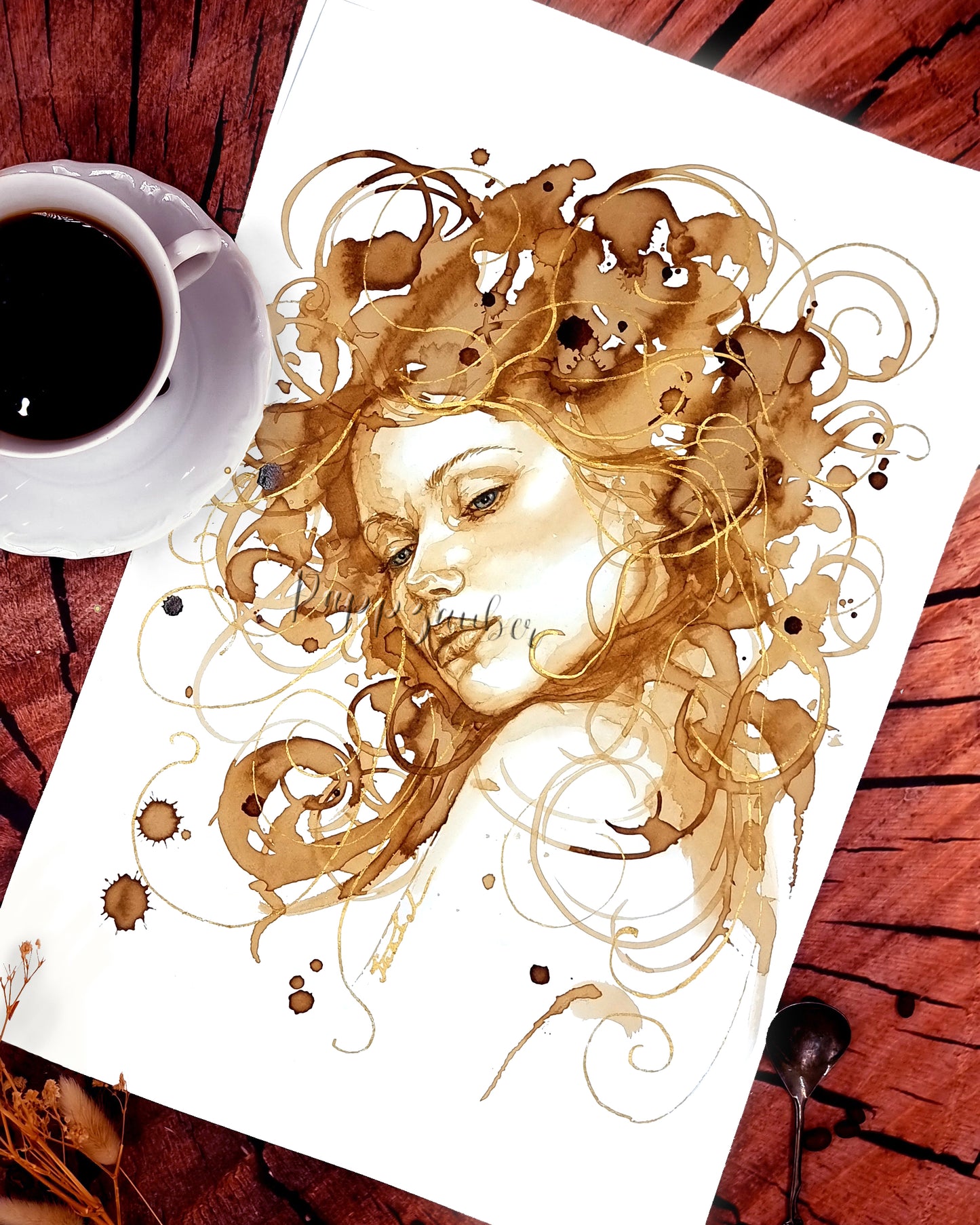 Frauenportrait in Kaffee und Gold - Kunstdruck Lia