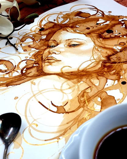 Frauenportrait in Kaffee und Gold - Kunstdruck Lia
