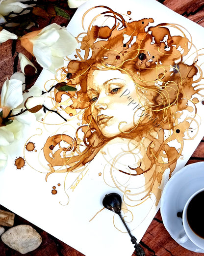 Frauenportrait in Kaffee und Gold - Kunstdruck Lia