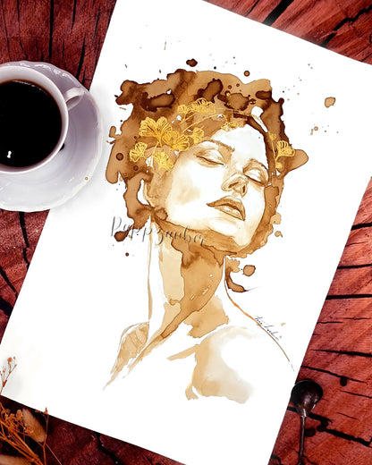 Frauenportrait mit Ginko im Haar in Kaffee und Gold - Kunstdruck Felice