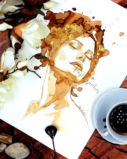 Frauenportrait mit Ginko im Haar in Kaffee und Gold - Kunstdruck Felice