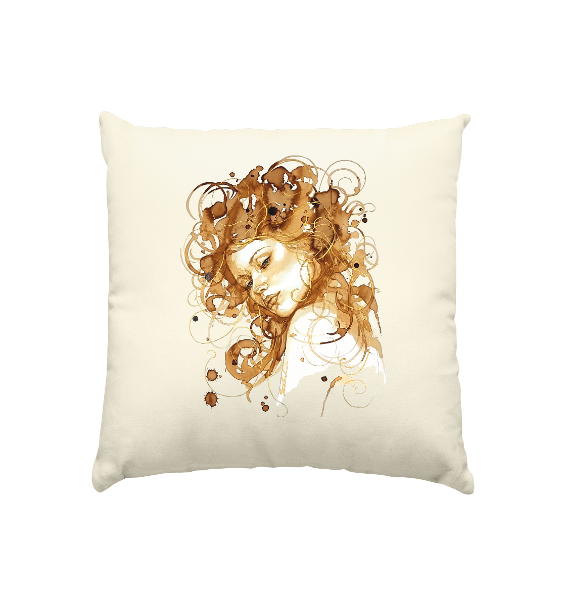 Kaffeemotiv Portrait mit goldenen Haaren - Kissen natur 40x40cm