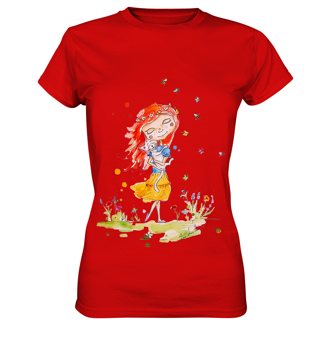 Sommerliches Mädchen mit Katze - Ladies Premium Shirt