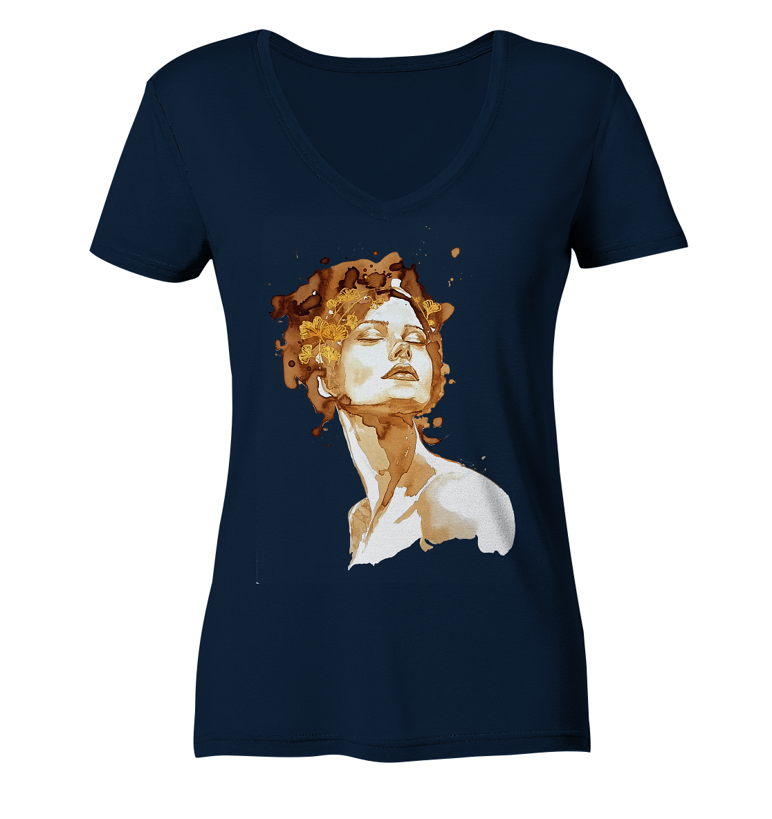 Kaffeemotiv Portrait mit Ginko - Ladies V-Neck Shirt