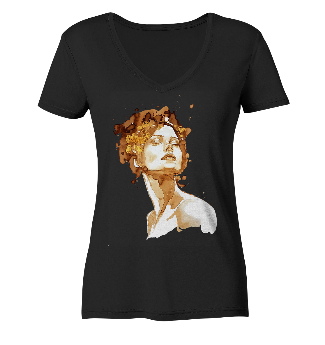 Kaffeemotiv Portrait mit Ginko - Ladies V-Neck Shirt