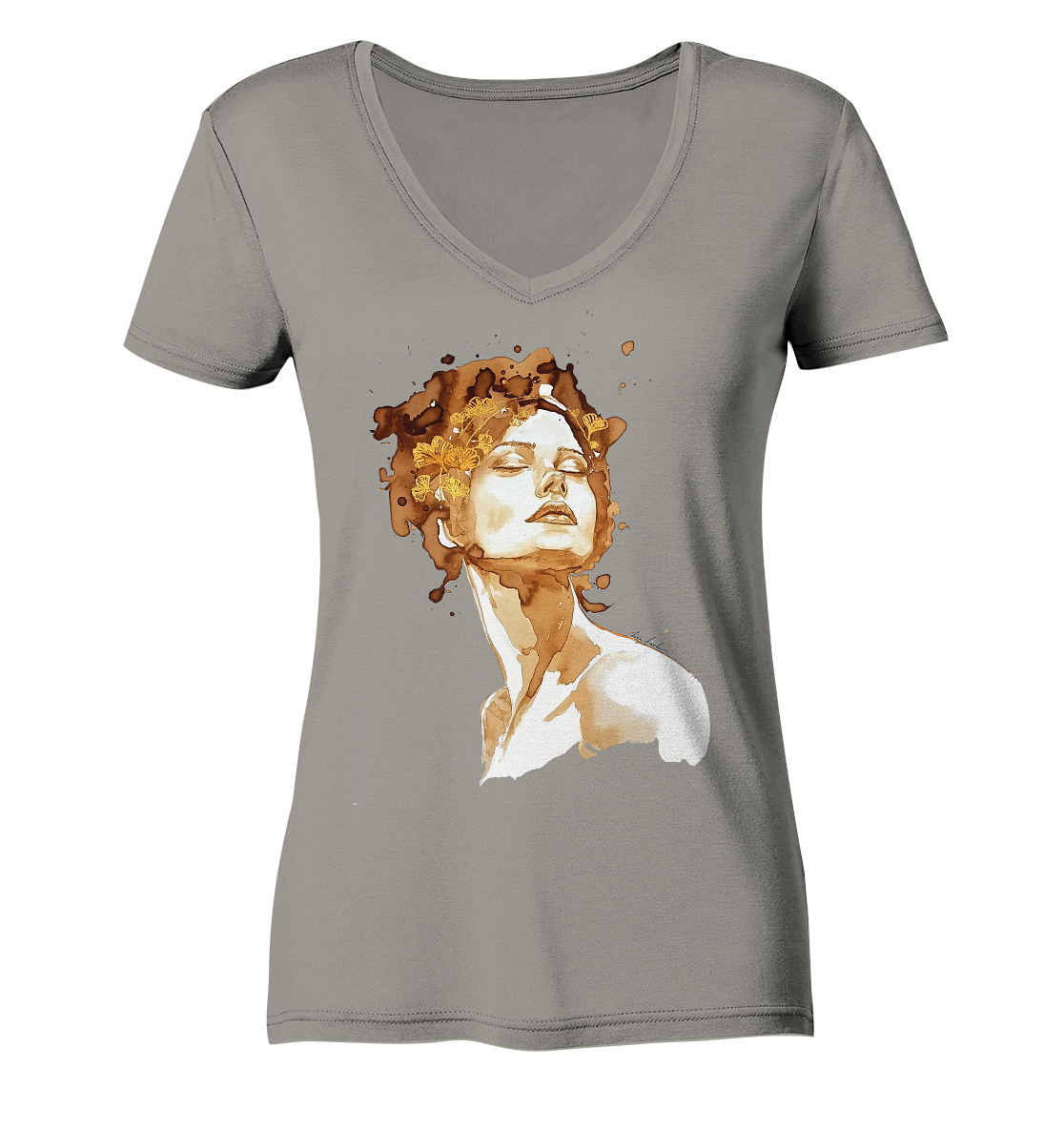 Kaffeemotiv Portrait mit Ginko - Ladies V-Neck Shirt