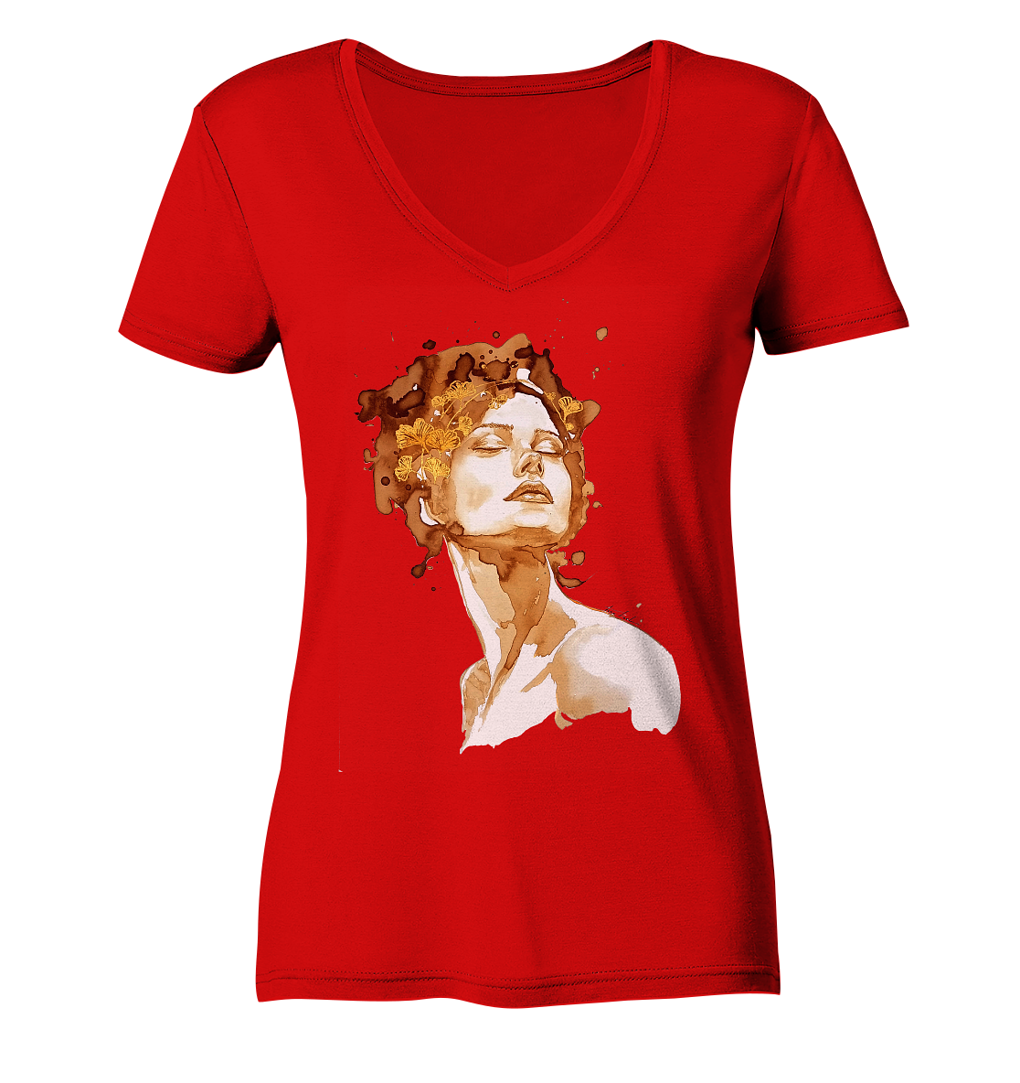 Kaffeemotiv Portrait mit Ginko - Ladies V-Neck Shirt