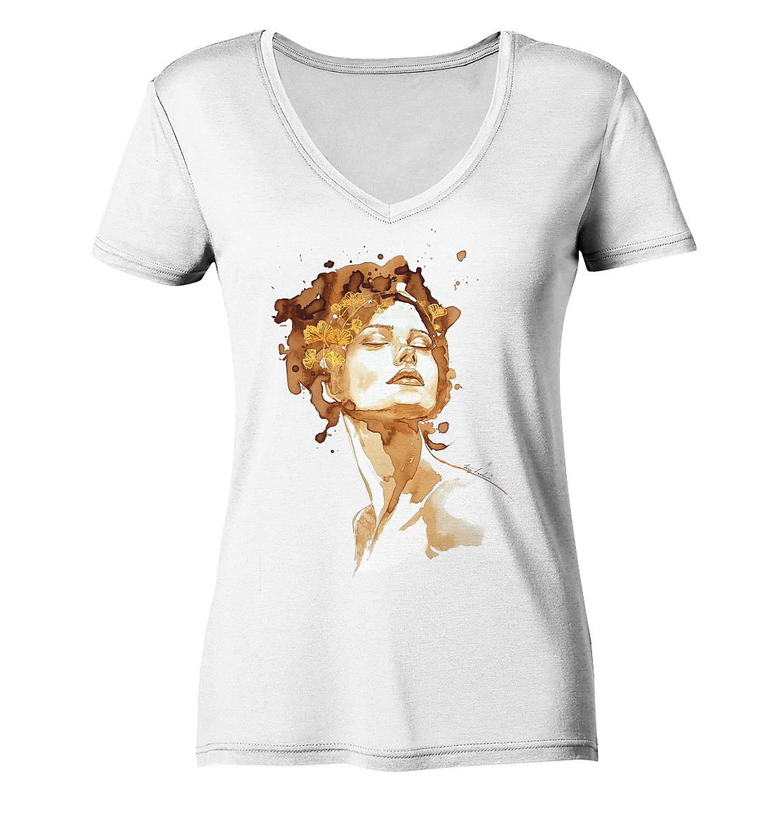 Kaffeemotiv Portrait mit Ginko - Ladies V-Neck Shirt