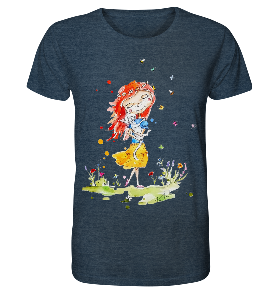 Sommerliches Mädchen mit Katze - Organic Shirt (meliert)