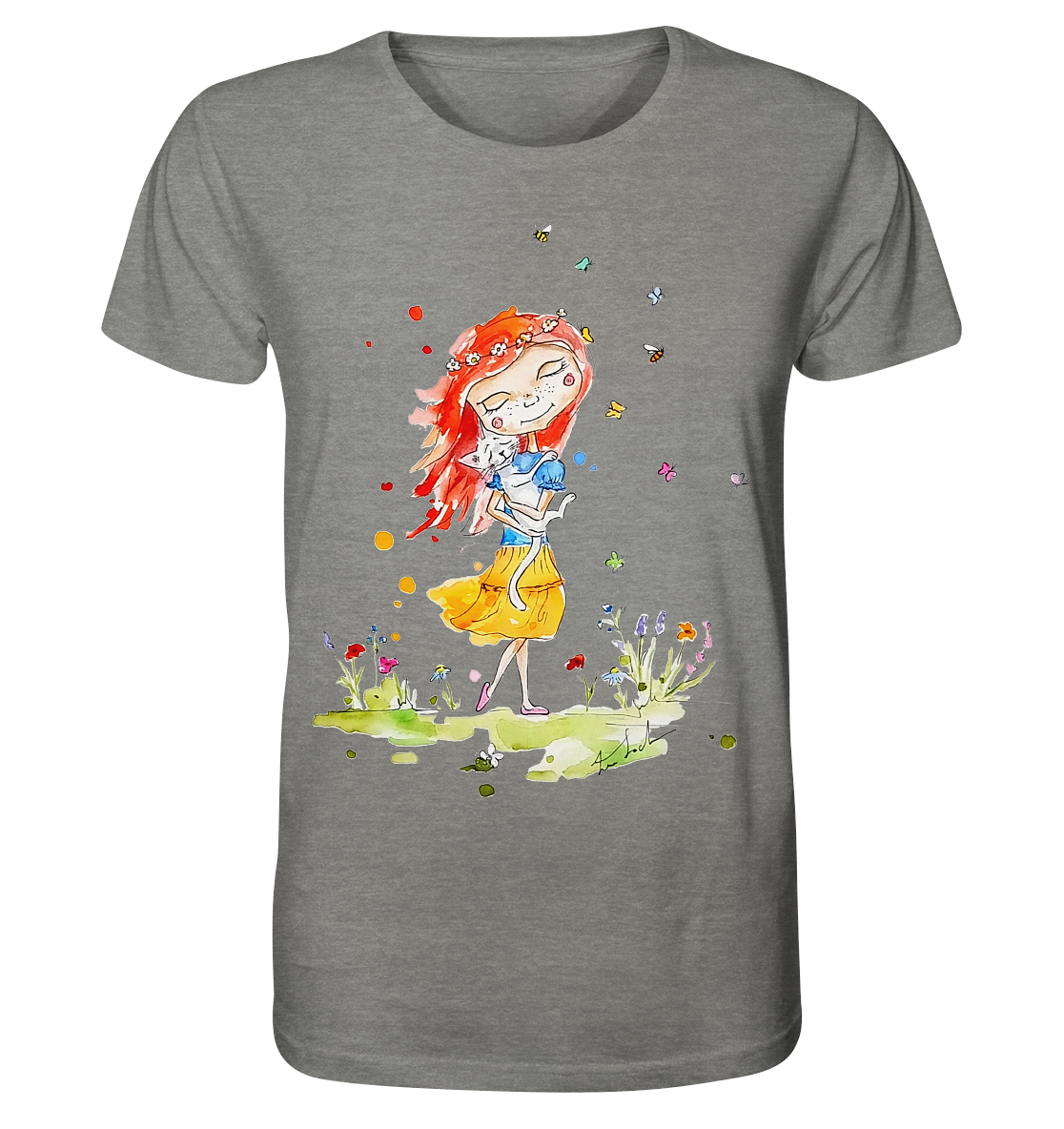 Sommerliches Mädchen mit Katze - Organic Shirt (meliert)