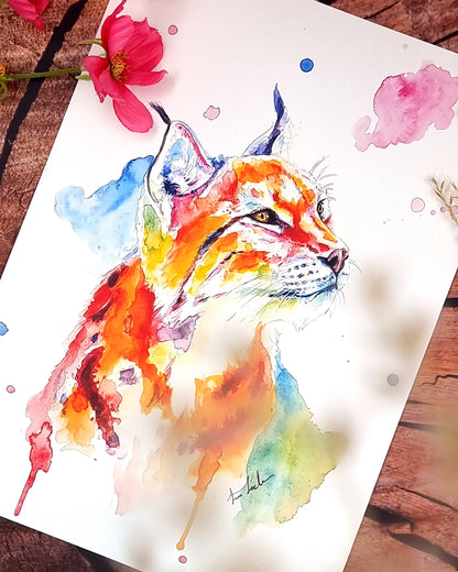 Farbenfroher Luchs in Aquarell - Kunstdruck - Luchs Phileas