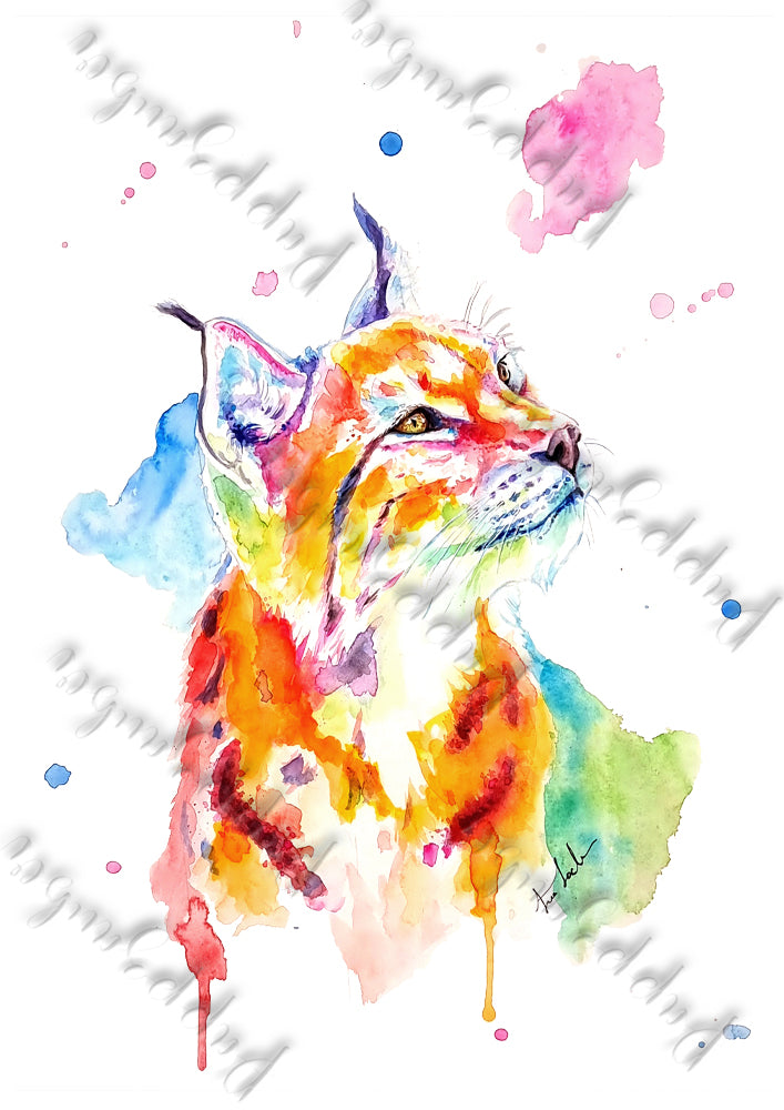 Farbenfroher Luchs in Aquarell - Kunstdruck - Luchs Phileas